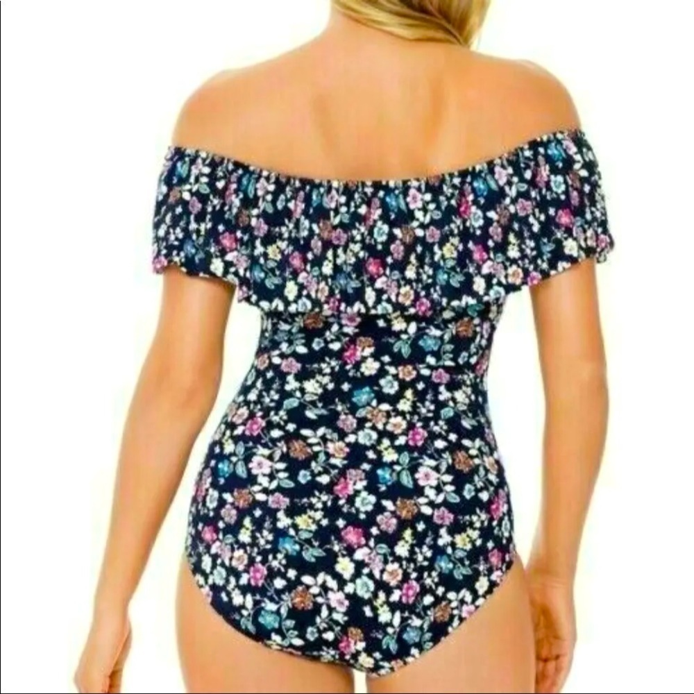 Swim Solutions Navy Blue Off-The-Shoulder One-Piece Swimsuit - Picture 2 of 7